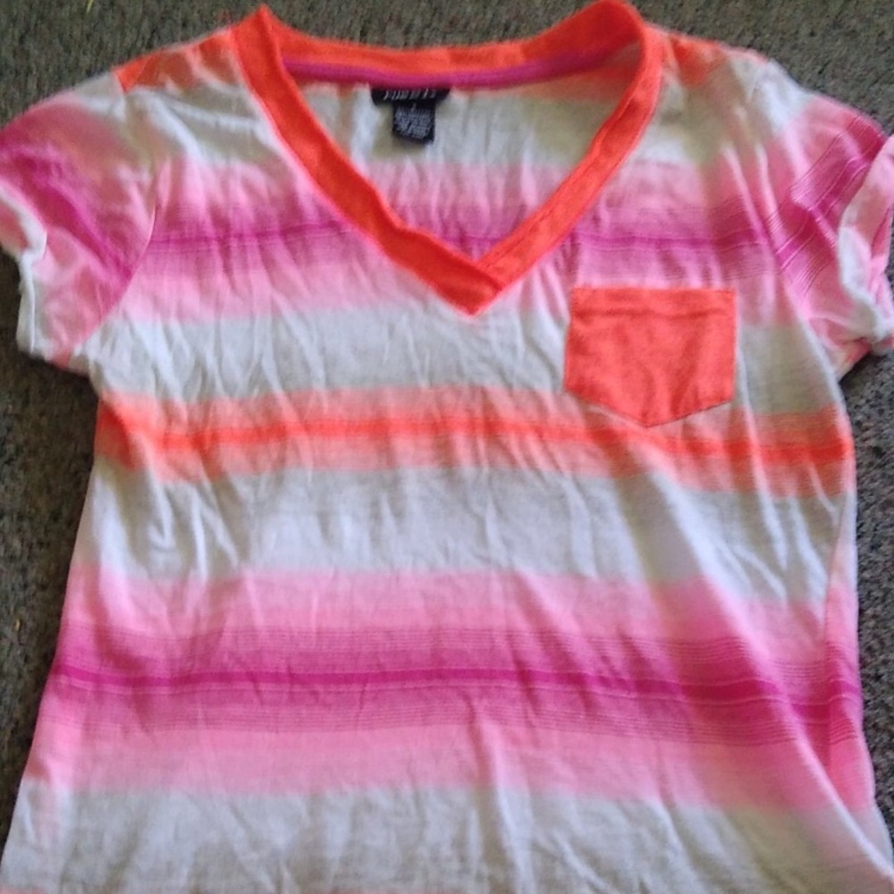 rue21 shear shirt, orange, pink and white.